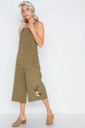 Olive Floral Embroidered Corduroy Boho Overall / 2-2-2