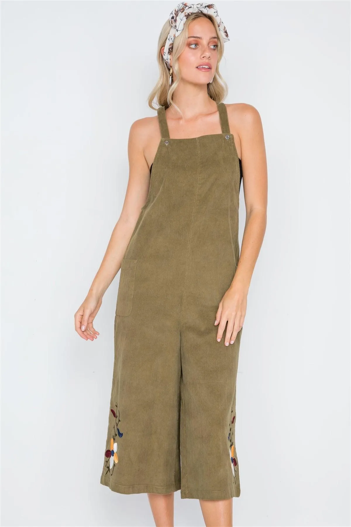 Olive Floral Embroidered Corduroy Boho Overall / 2-2-2