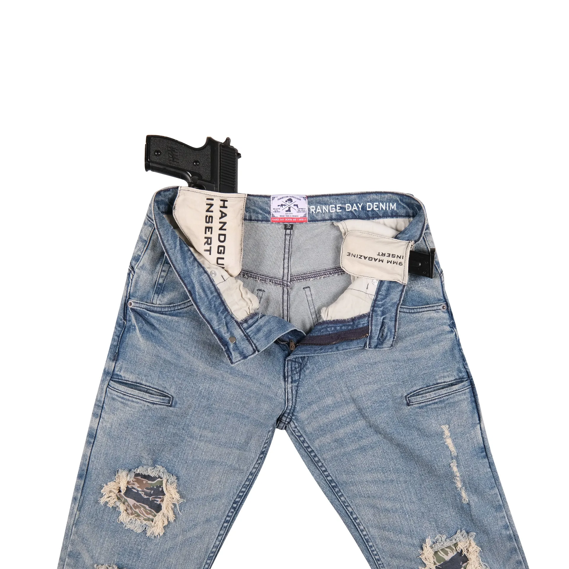 Parabellum® Range Day Denim MK2 Straight Fit Light Wash Ripped Tiger Stripe