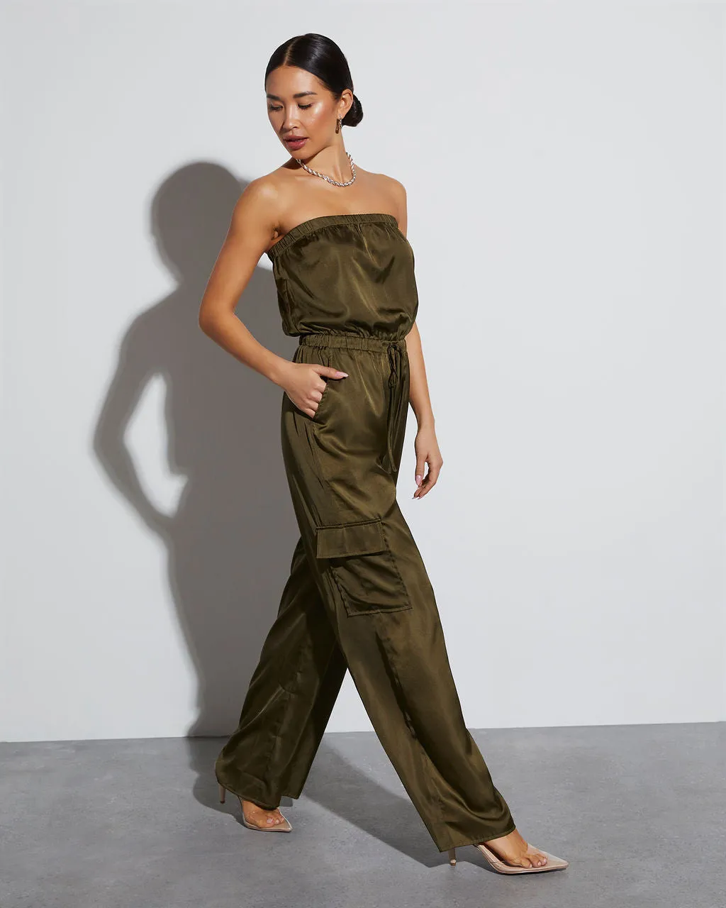 Parisa Strapless Satin Tie Waist Jumpsuit