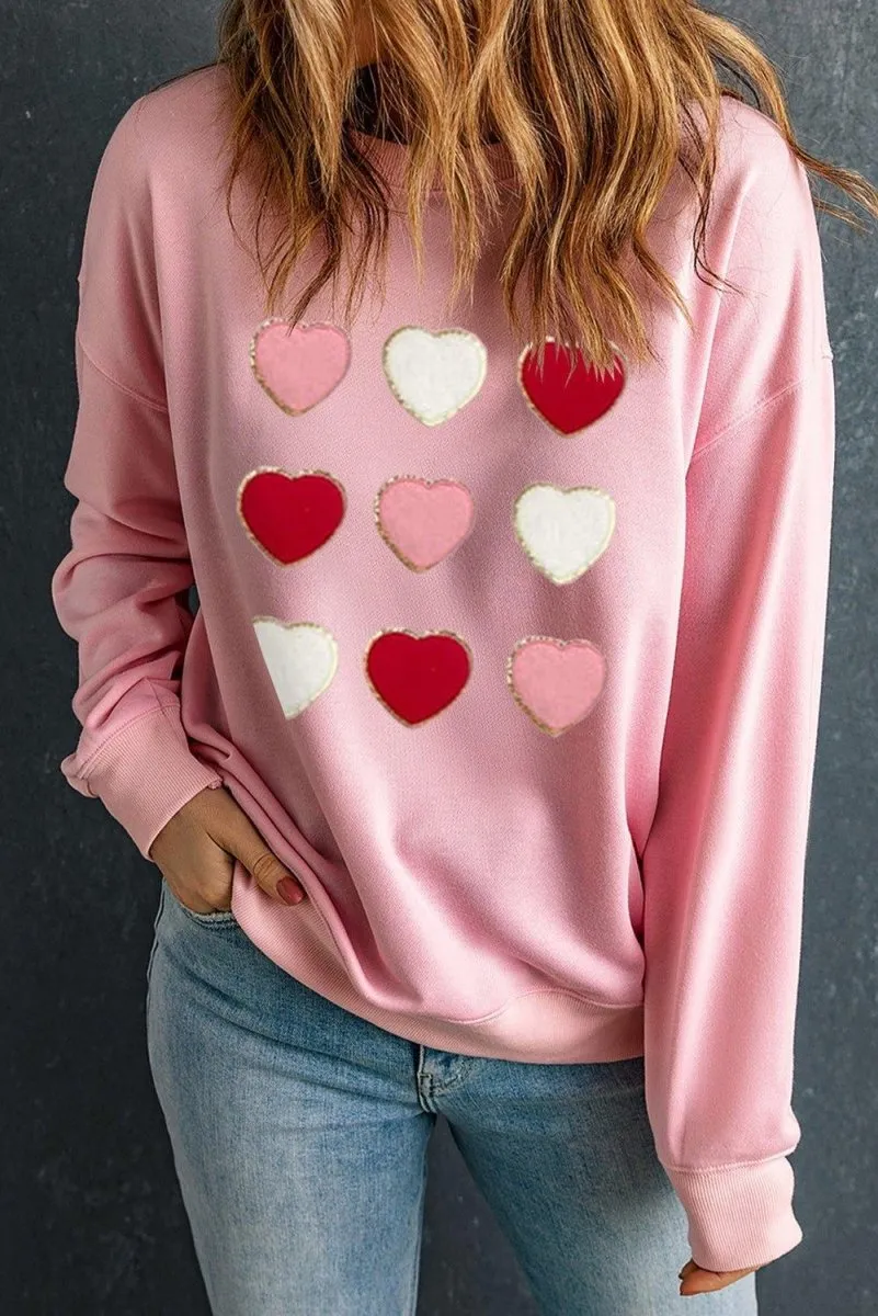 Pink Glitter Chenille Hearts Valentines Sweatshirt