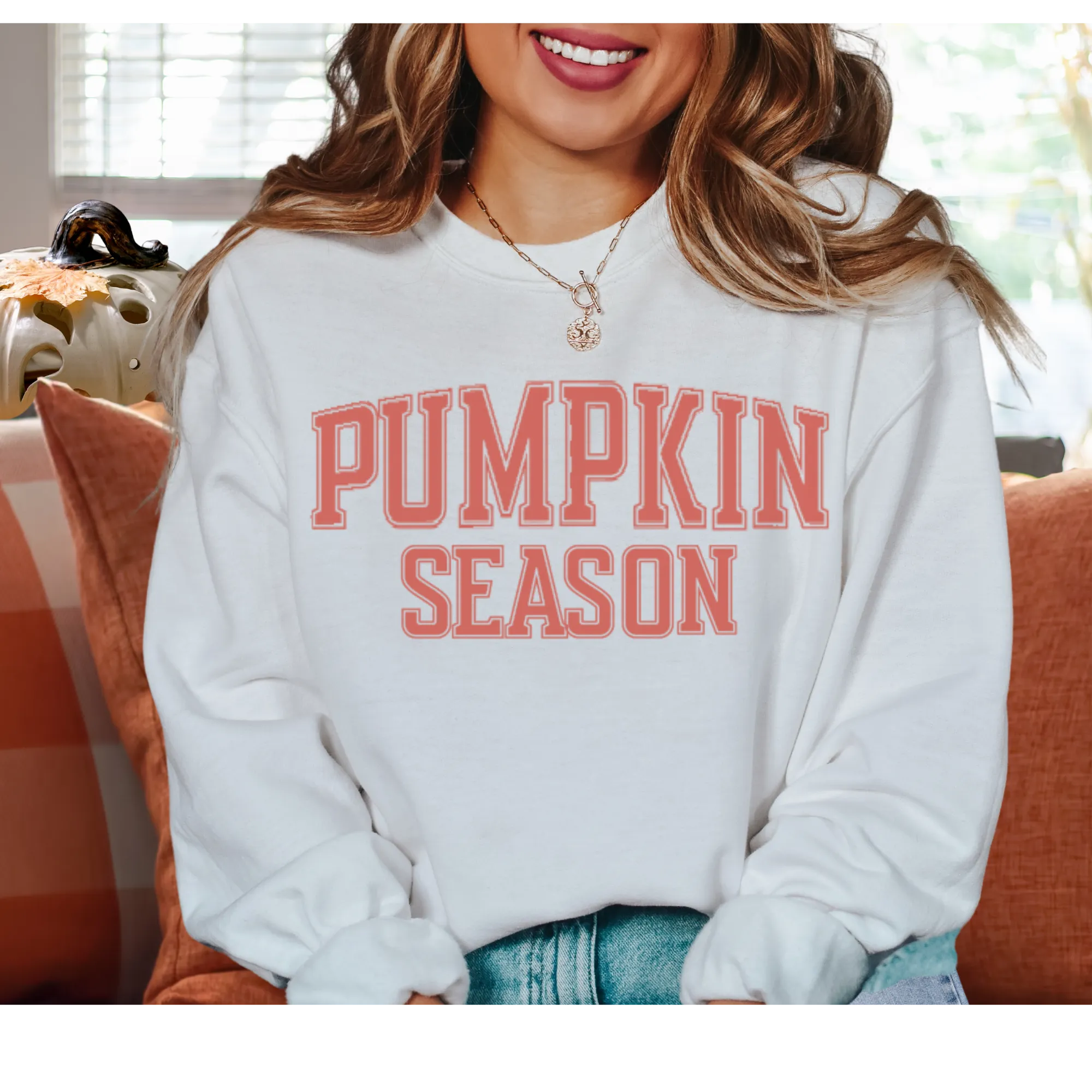 Pumpkin Season Crewneck Sweatshirt Women's Autumn or Fall Varsity Letters Gildan Pullover