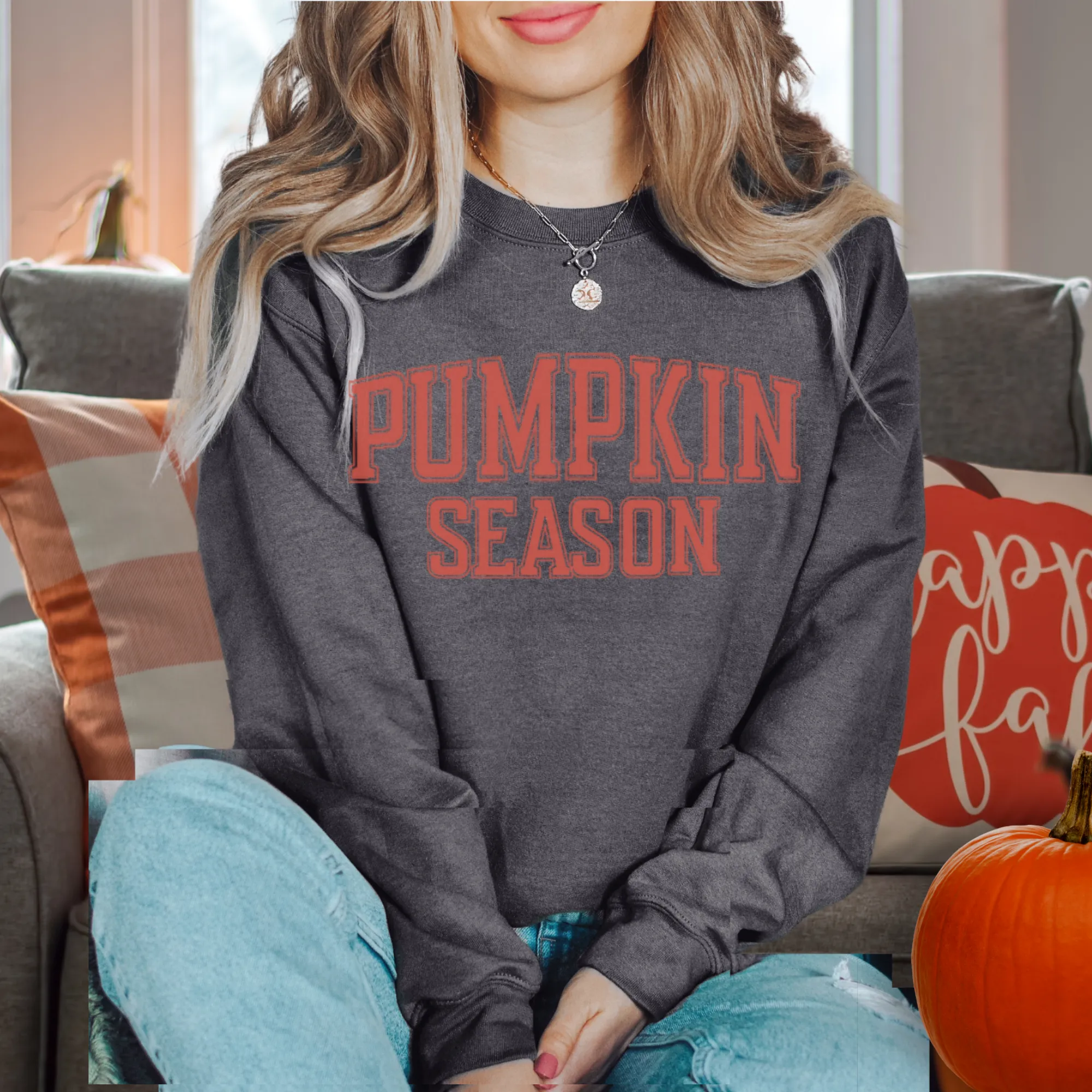 Pumpkin Season Crewneck Sweatshirt Women's Autumn or Fall Varsity Letters Gildan Pullover