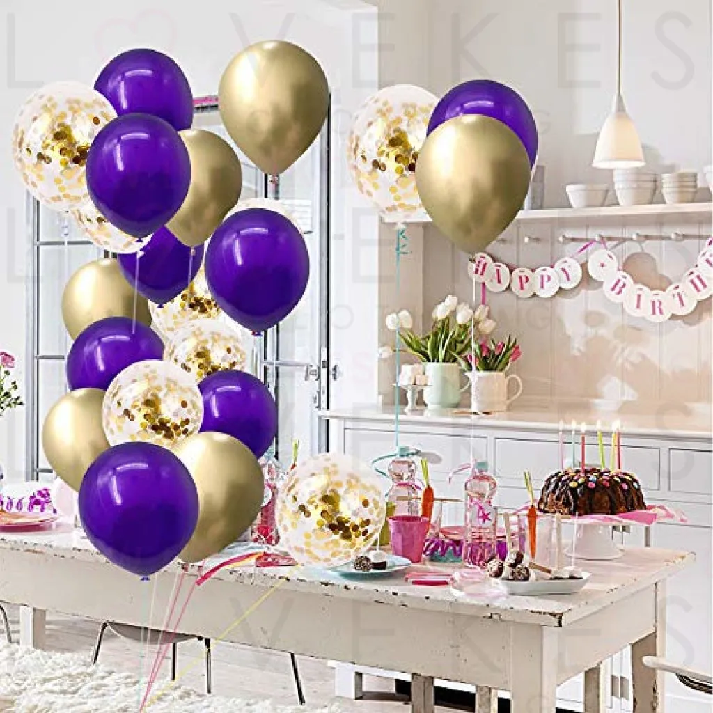 Purple Gold Confetti Latex Balloons,50pcs 12 inch Dark Purple and Gold Metallic Chrome Party Balloons for Birthday, Baby Shower, Wedding, Anniversary and Festival Ceremony Decoration