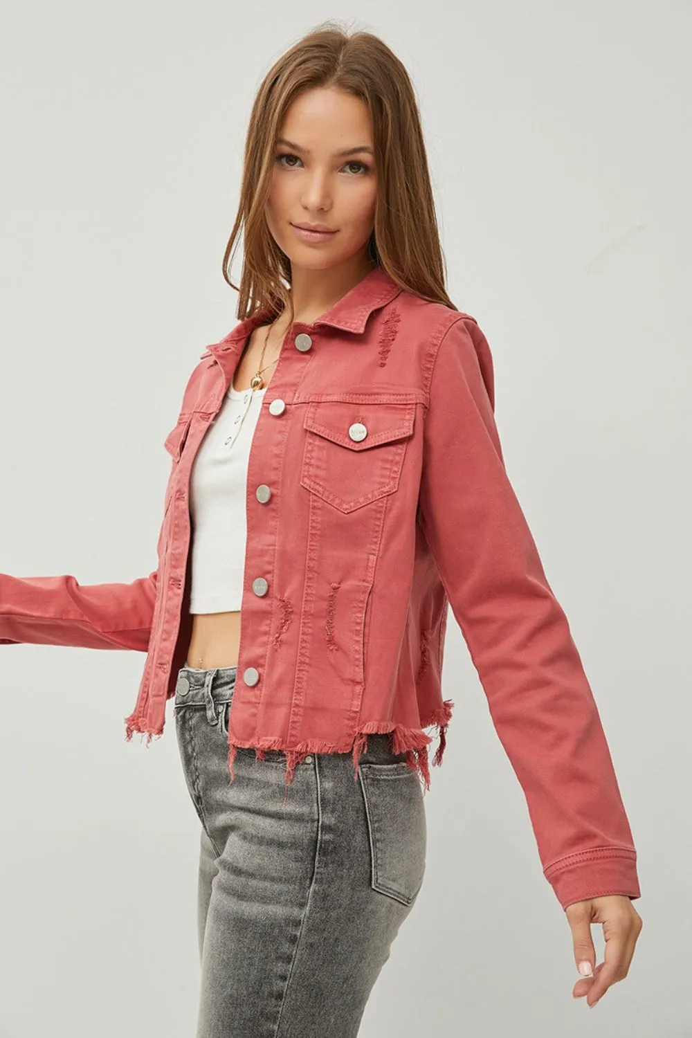 Raw Hem Button Up Cropped Denim Jacket