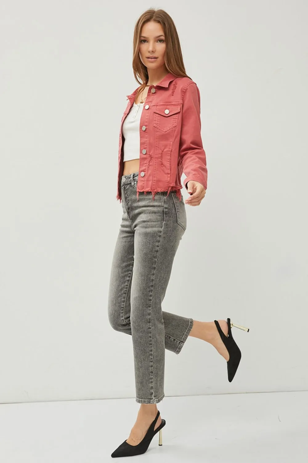 Raw Hem Button Up Cropped Denim Jacket