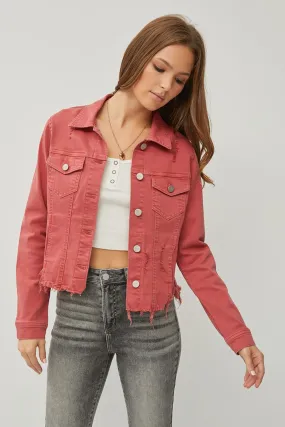 Raw Hem Button Up Cropped Denim Jacket