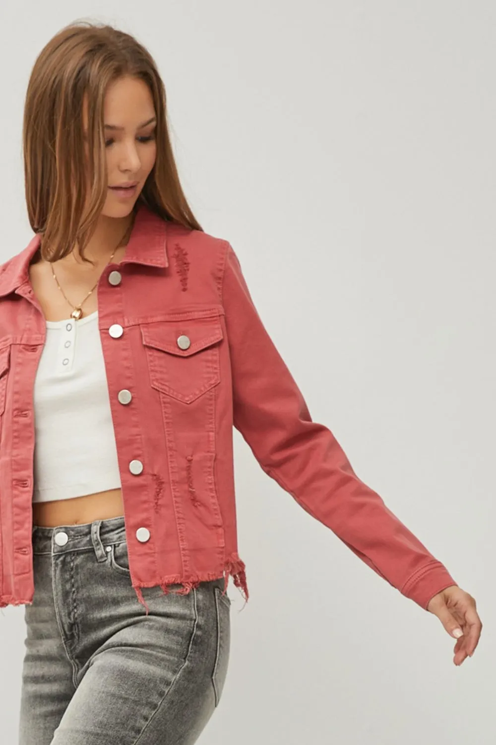 Raw Hem Button Up Cropped Denim Jacket