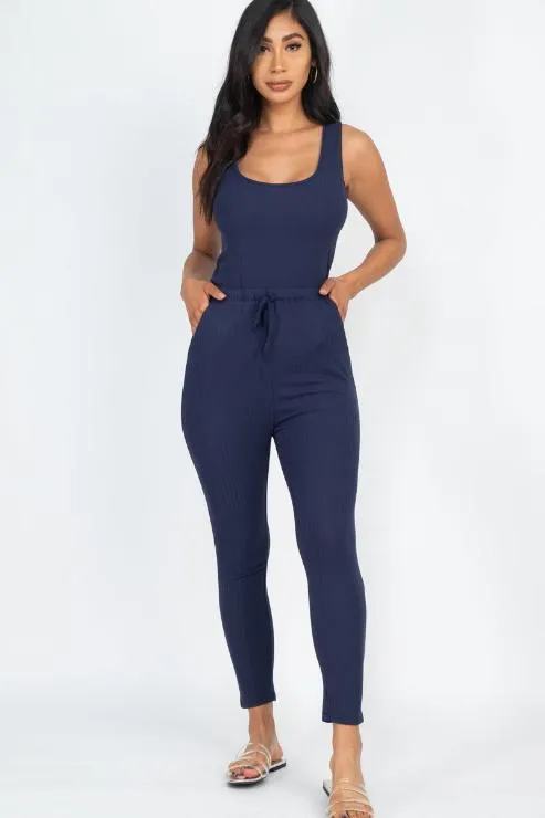 Ribbed Sleeveless Drawstring Jumpsuit