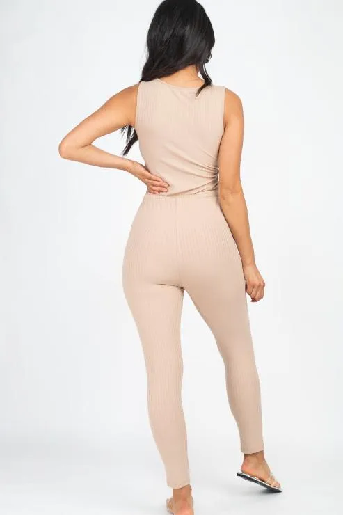 Ribbed Sleeveless Drawstring Jumpsuit