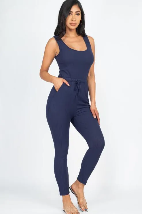 Ribbed Sleeveless Drawstring Jumpsuit