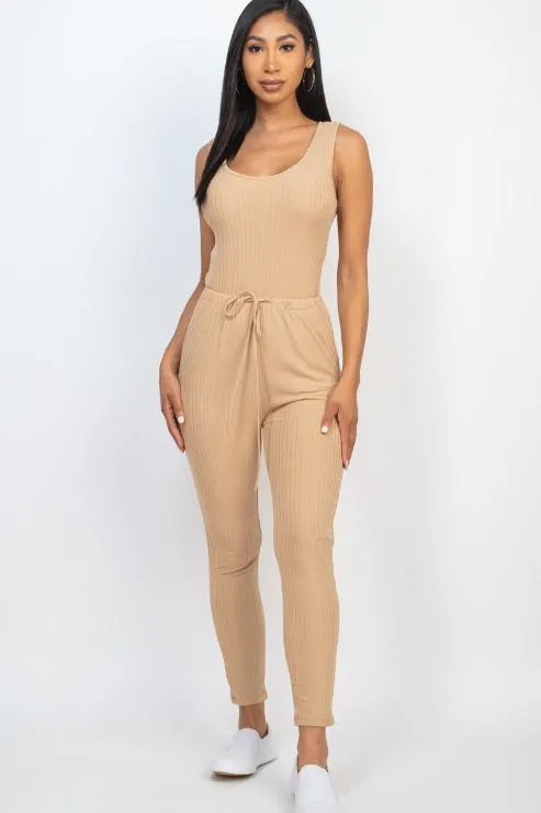 Ribbed Sleeveless Drawstring Jumpsuit