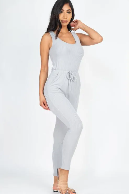 Ribbed Sleeveless Drawstring Jumpsuit