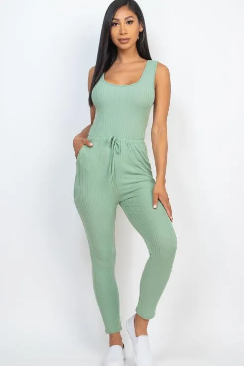 Ribbed Sleeveless Drawstring Jumpsuit