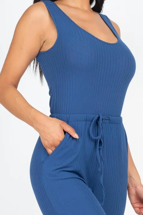 Ribbed Sleeveless Drawstring Jumpsuit