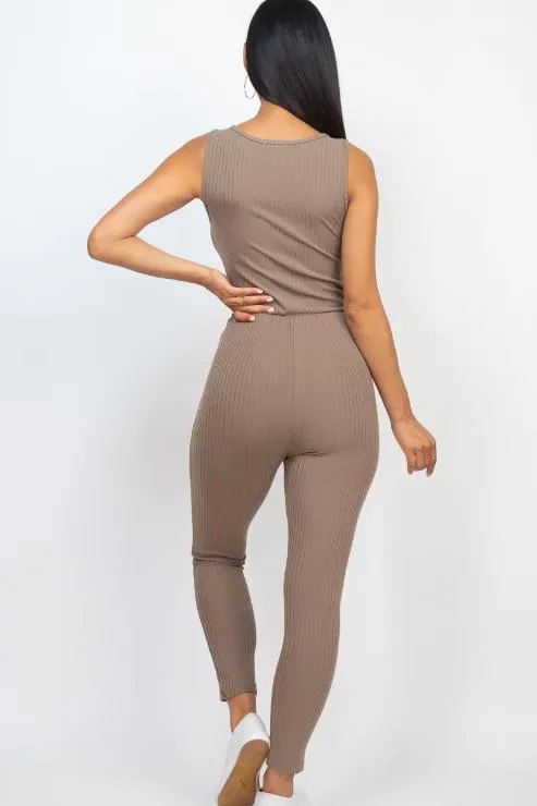 Ribbed Sleeveless Drawstring Jumpsuit