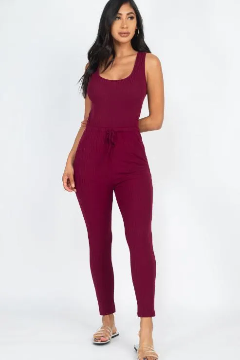 Ribbed Sleeveless Drawstring Jumpsuit