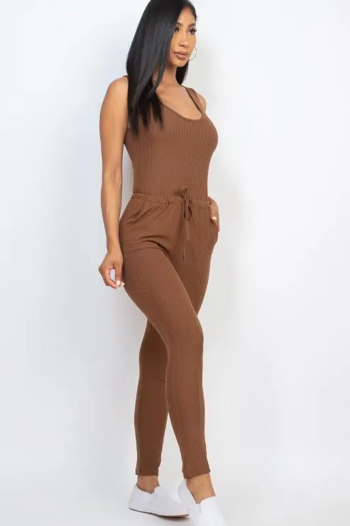 Ribbed Sleeveless Drawstring Jumpsuit