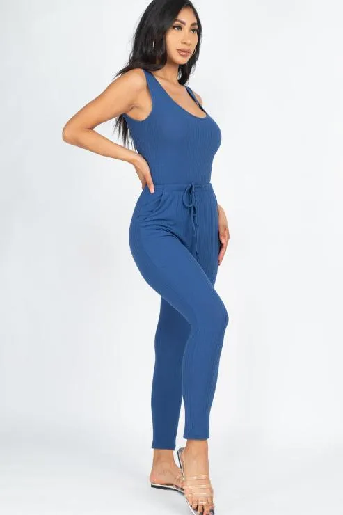 Ribbed Sleeveless Drawstring Jumpsuit