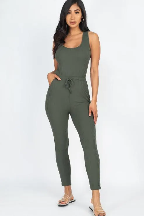 Ribbed Sleeveless Drawstring Jumpsuit