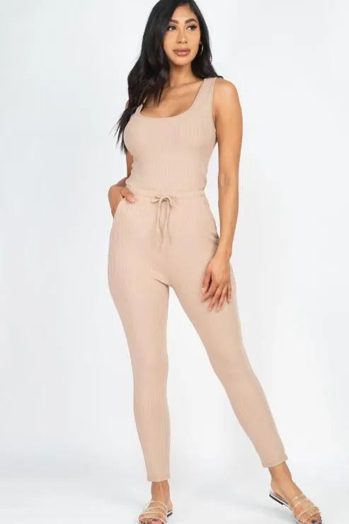 Ribbed Sleeveless Drawstring Jumpsuit