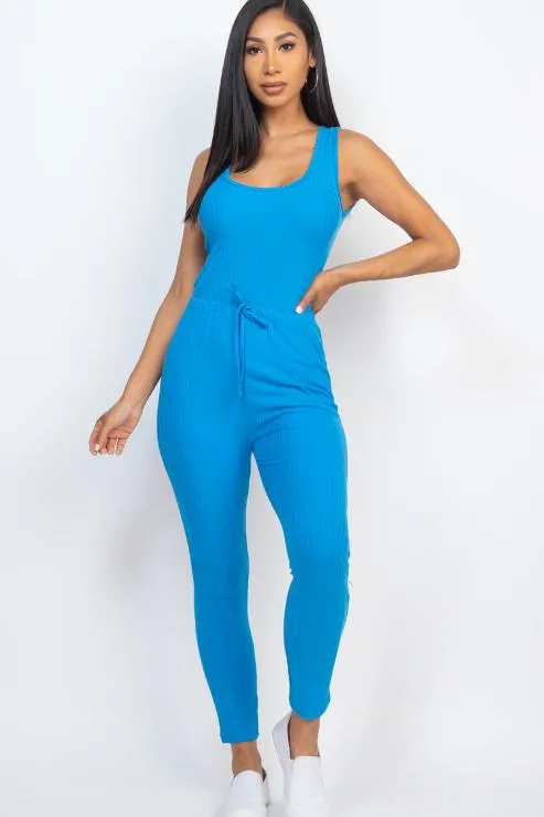 Ribbed Sleeveless Drawstring Jumpsuit