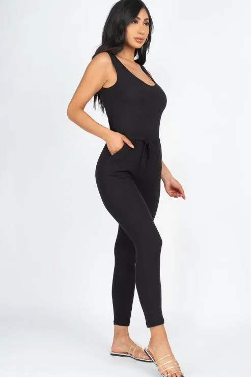 Ribbed Sleeveless Drawstring Jumpsuit