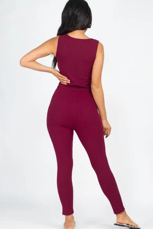 Ribbed Sleeveless Drawstring Jumpsuit