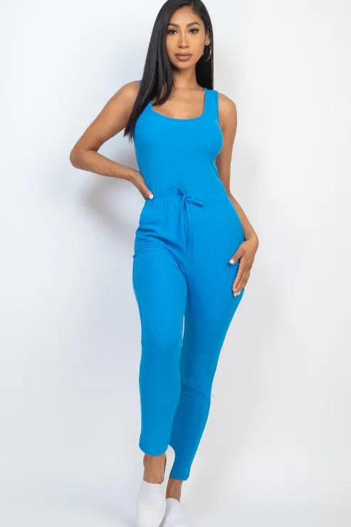 Ribbed Sleeveless Drawstring Jumpsuit