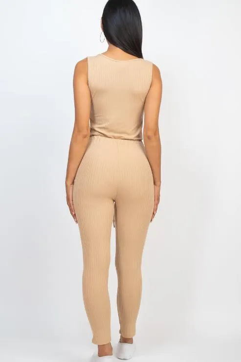 Ribbed Sleeveless Drawstring Jumpsuit