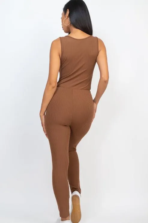 Ribbed Sleeveless Drawstring Jumpsuit