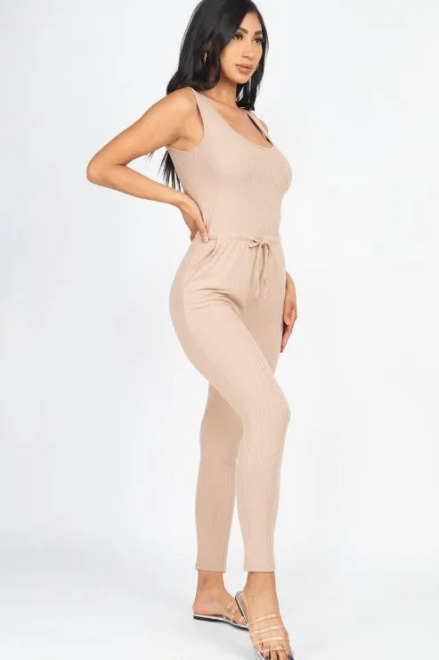 Ribbed Sleeveless Drawstring Jumpsuit