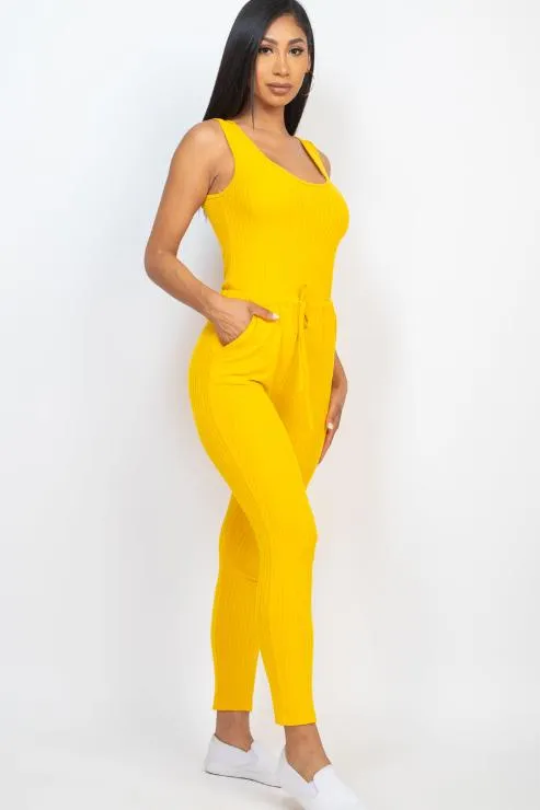 Ribbed Sleeveless Drawstring Jumpsuit