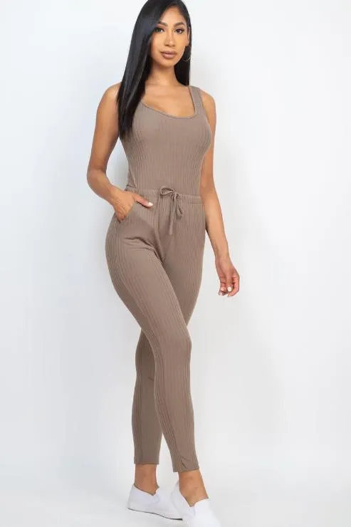 Ribbed Sleeveless Drawstring Jumpsuit