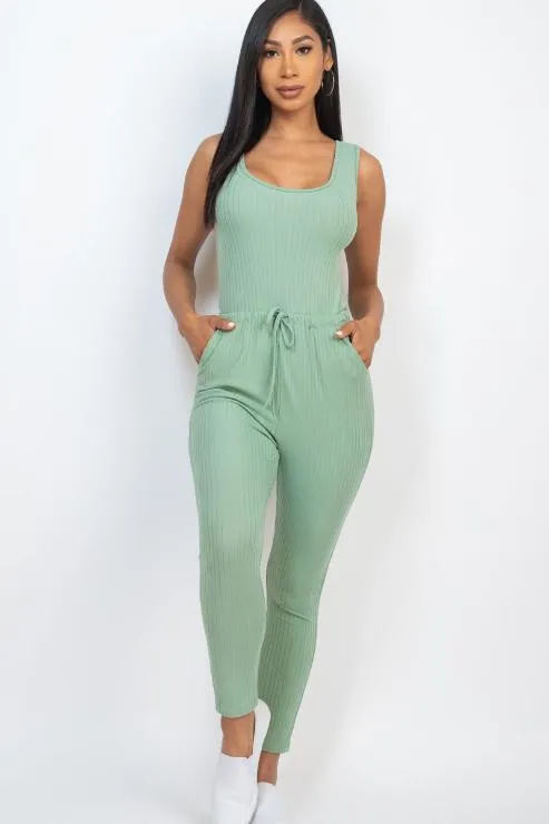 Ribbed Sleeveless Drawstring Jumpsuit