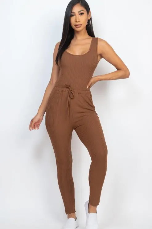 Ribbed Sleeveless Drawstring Jumpsuit