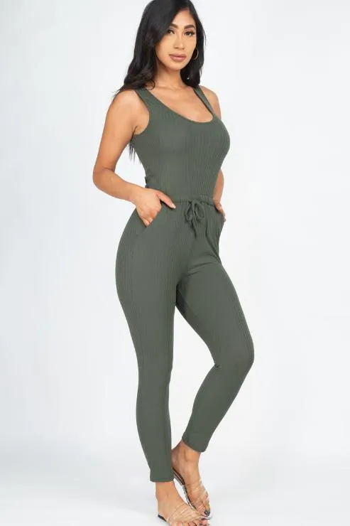 Ribbed Sleeveless Drawstring Jumpsuit