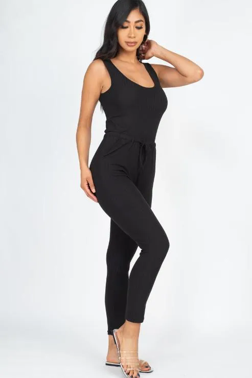 Ribbed Sleeveless Drawstring Jumpsuit