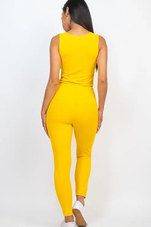 Ribbed Sleeveless Drawstring Jumpsuit