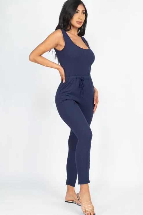 Ribbed Sleeveless Drawstring Jumpsuit