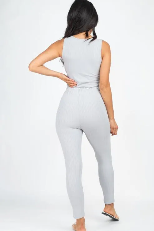 Ribbed Sleeveless Drawstring Jumpsuit