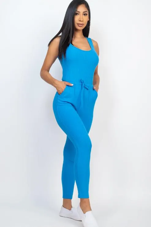 Ribbed Sleeveless Drawstring Jumpsuit