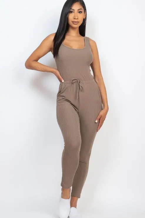 Ribbed Sleeveless Drawstring Jumpsuit