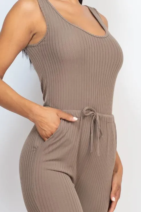 Ribbed Sleeveless Drawstring Jumpsuit