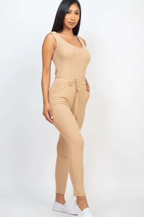 Ribbed Sleeveless Drawstring Jumpsuit