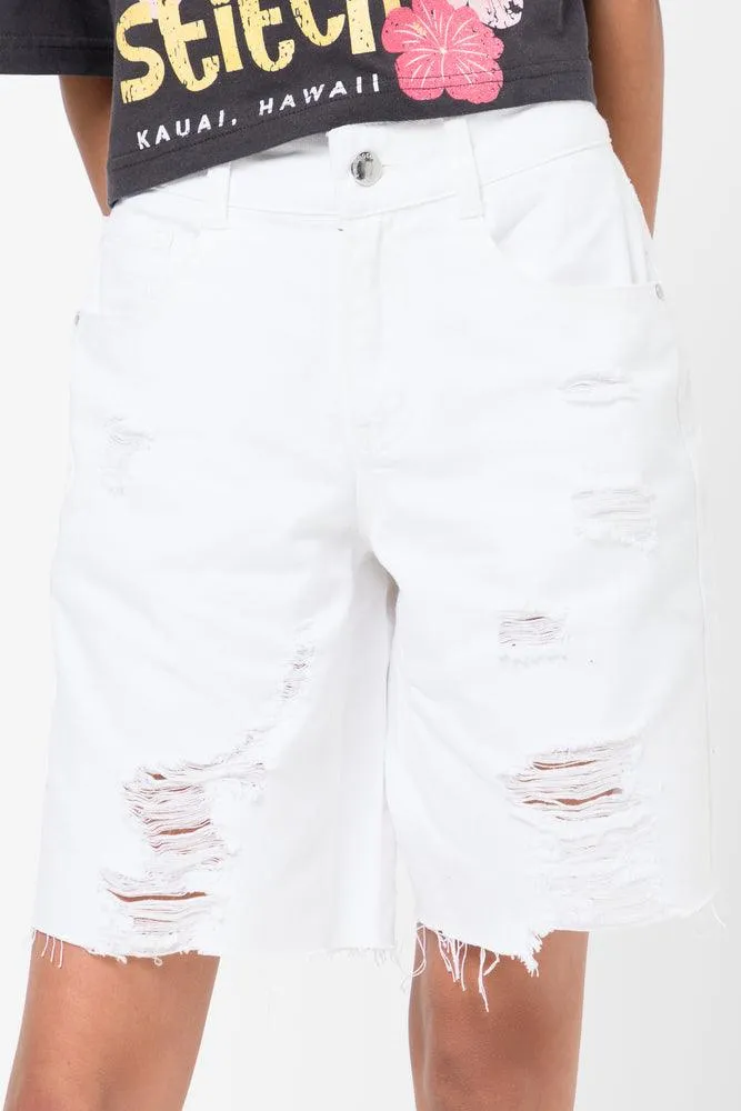 Ripped Denim Shorts White