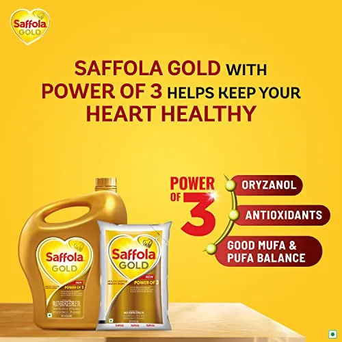 Saffola Gold Refined Oil|Blend of Rice Bran Oil & Sunflower Oil|Cooking Oil|Pro Healthy Lifestyle Edible Oil 1 Litre Pouch