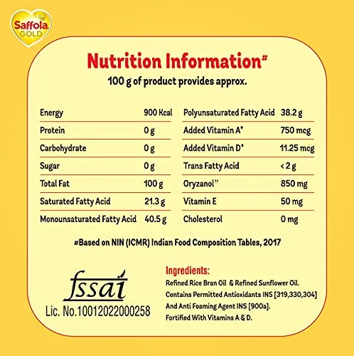 Saffola Gold Refined Oil|Blend of Rice Bran Oil & Sunflower Oil|Cooking Oil|Pro Healthy Lifestyle Edible Oil 1 Litre Pouch