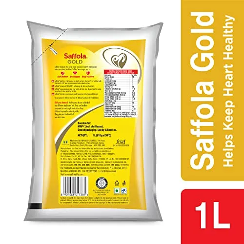 Saffola Gold Refined Oil|Blend of Rice Bran Oil & Sunflower Oil|Cooking Oil|Pro Healthy Lifestyle Edible Oil 1 Litre Pouch