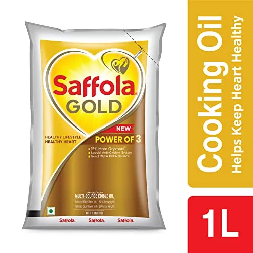 Saffola Gold Refined Oil|Blend of Rice Bran Oil & Sunflower Oil|Cooking Oil|Pro Healthy Lifestyle Edible Oil 1 Litre Pouch